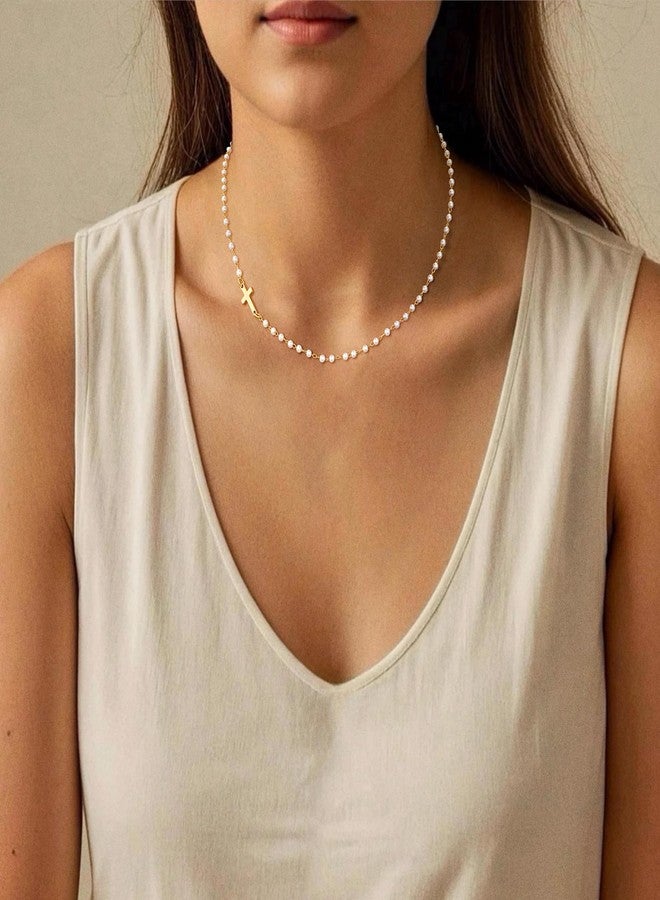 VIROMY Gold Pearl Cross Necklace for Women - Dainty Sidways Cross Pendant Necklace Pearls Beaded Necklaces Pearl Chain Choker Necklaces Faith Jewelry Religious Gifts for Women - Image 4